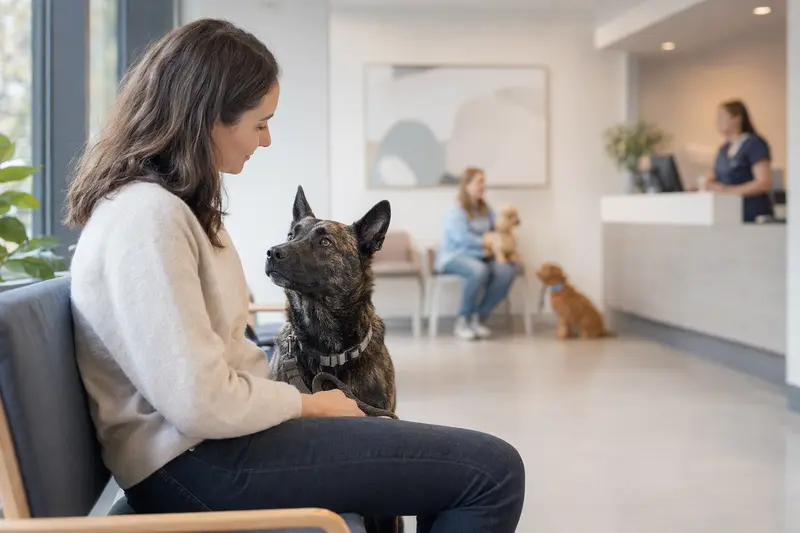 Ein Nederlandse Herdershond sitzt ruhig neben seinem Besitzer im hellen Wartezimmer einer modernen Tierarztpraxis.